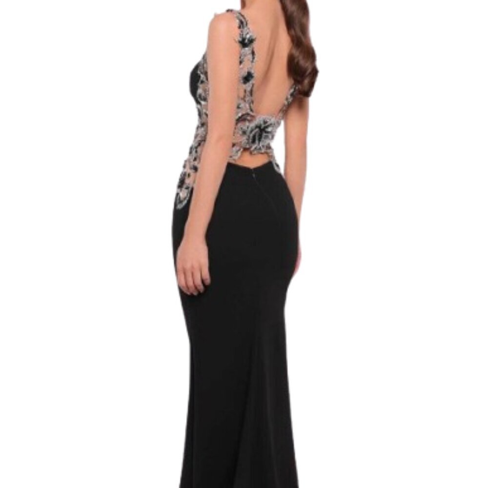 Tarik Ediz Black Silver Lace Applique Evening Gown Prom Gala Pageant 12 - Picture 3 of 16